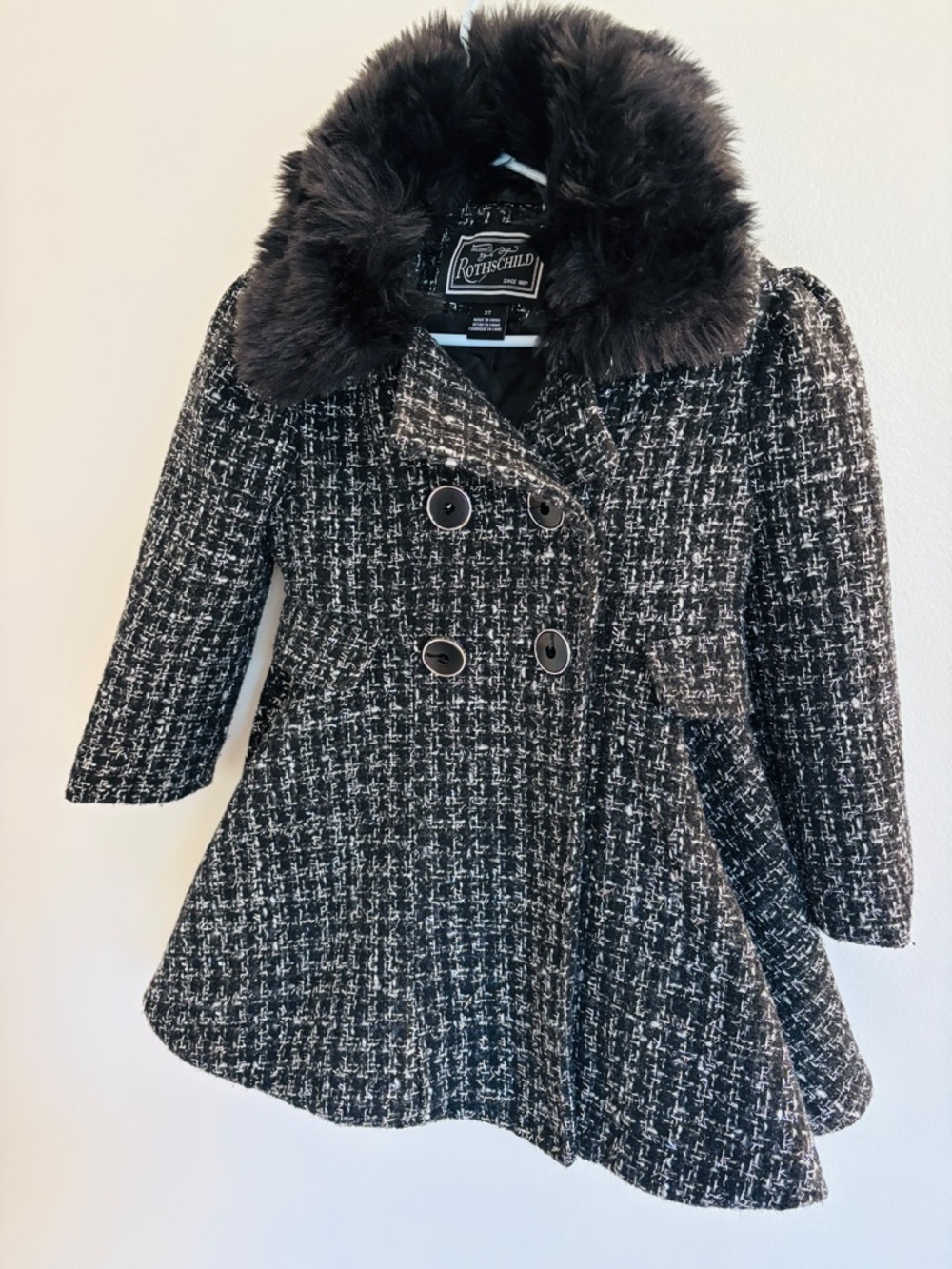 Rothschild Kids Black & White Tweed Pea Coat with Plush Faux Fur Collar